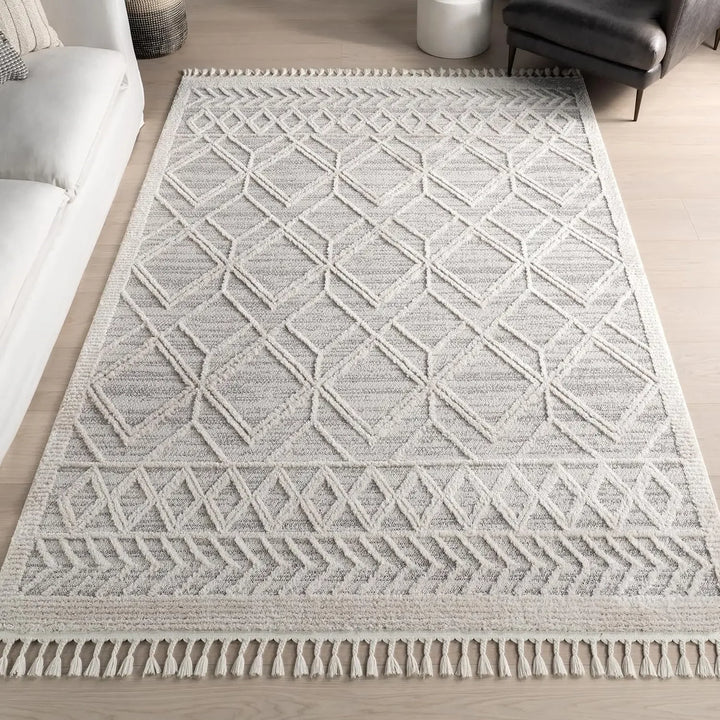 8x11 Ansley Moroccan Tassel Area Rug, Light Grey, High-Low Textured Bohemian Design, Plush High Pile, Stain Resistant