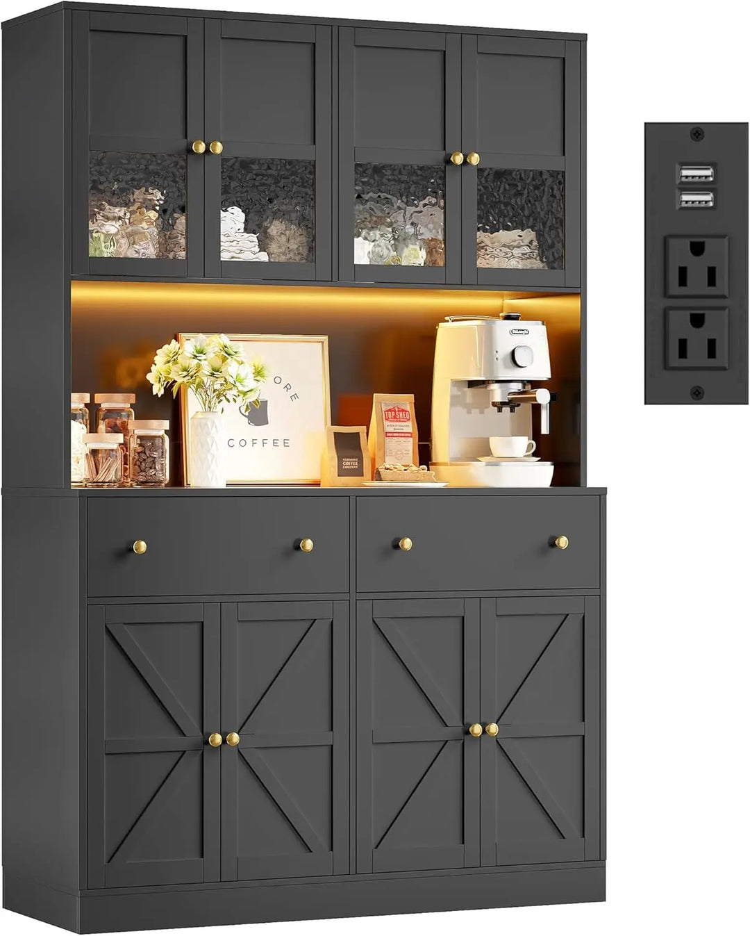 71" Pantry Cabinet with LED Light and Charging Station, Farmhouse Kitchen Pantry Cabinet with Microwave Stand, 47.2" W