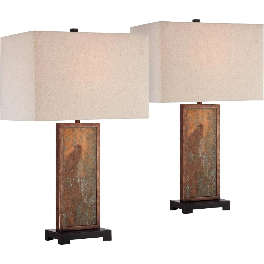 Nightstand, Modern Rustic Style Table Lamps 30" Tall Set of 2 Natural Slate Stone Dark Bronze Rectangular Box Shade Decor