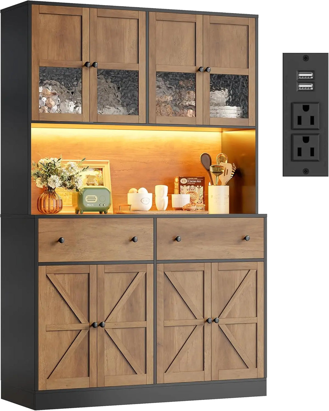 71" Pantry Cabinet with LED Light and Charging Station, Farmhouse Kitchen Pantry Cabinet with Microwave Stand, 47.2" W