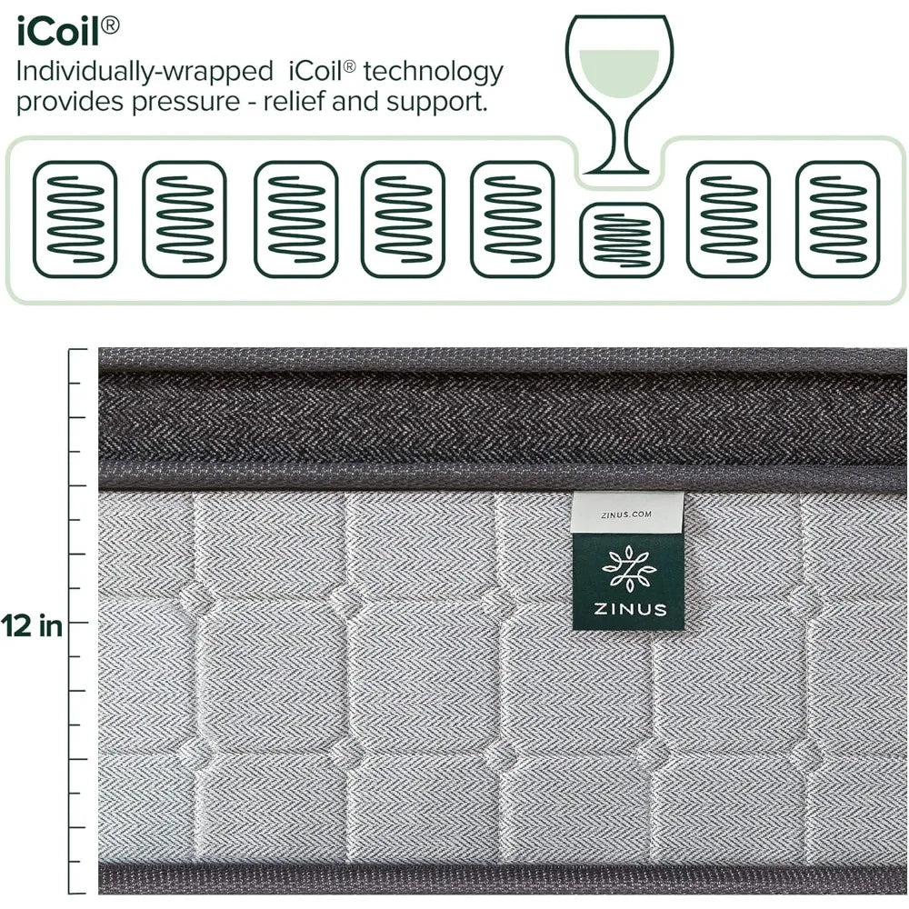 12 Inch Comfort Support Cooling Gel Hybrid Mattress, Queen, Euro Top Innerspring Mattress, Motion Isolating Pocket Springs