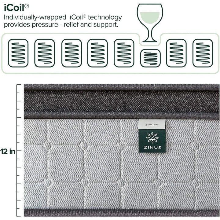 12 Inch Comfort Support Cooling Gel Hybrid Mattress, Queen, Euro Top Innerspring Mattress, Motion Isolating Pocket Springs