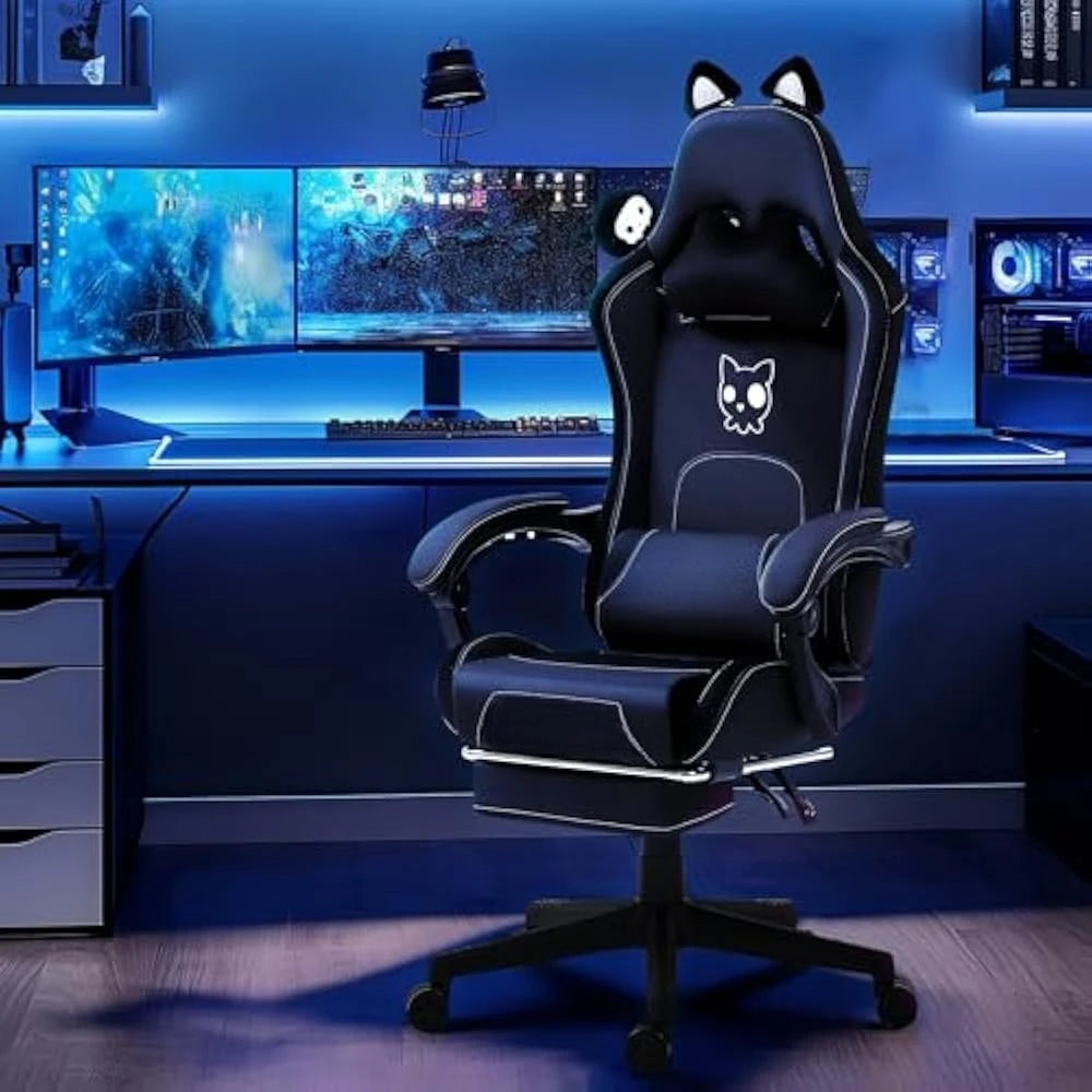 Gaming Chair Cute with Cat Ears and Massage Lumbar Support, Ergonomic Computer Chairs with Footrest and Headrest, Gaming Chair