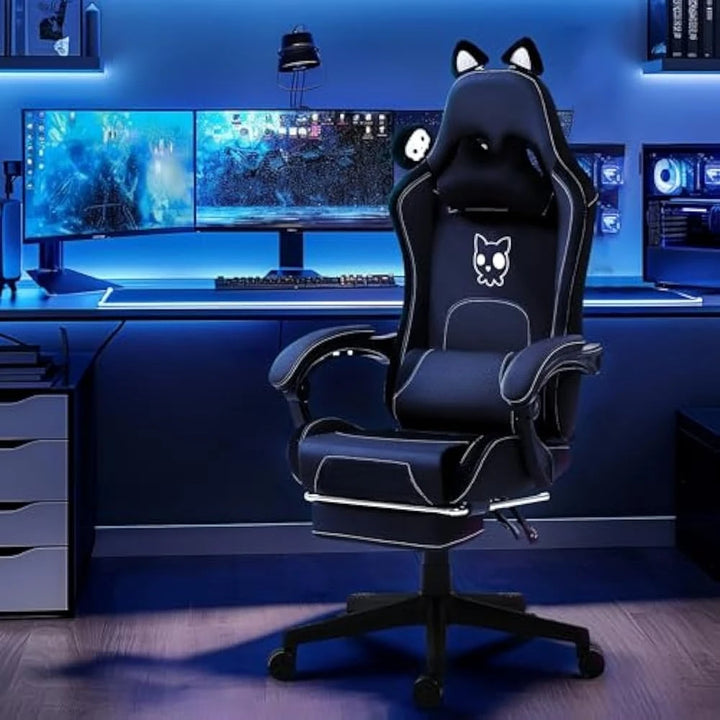 Gaming Chair Cute with Cat Ears and Massage Lumbar Support, Ergonomic Computer Chairs with Footrest and Headrest, Gaming Chair
