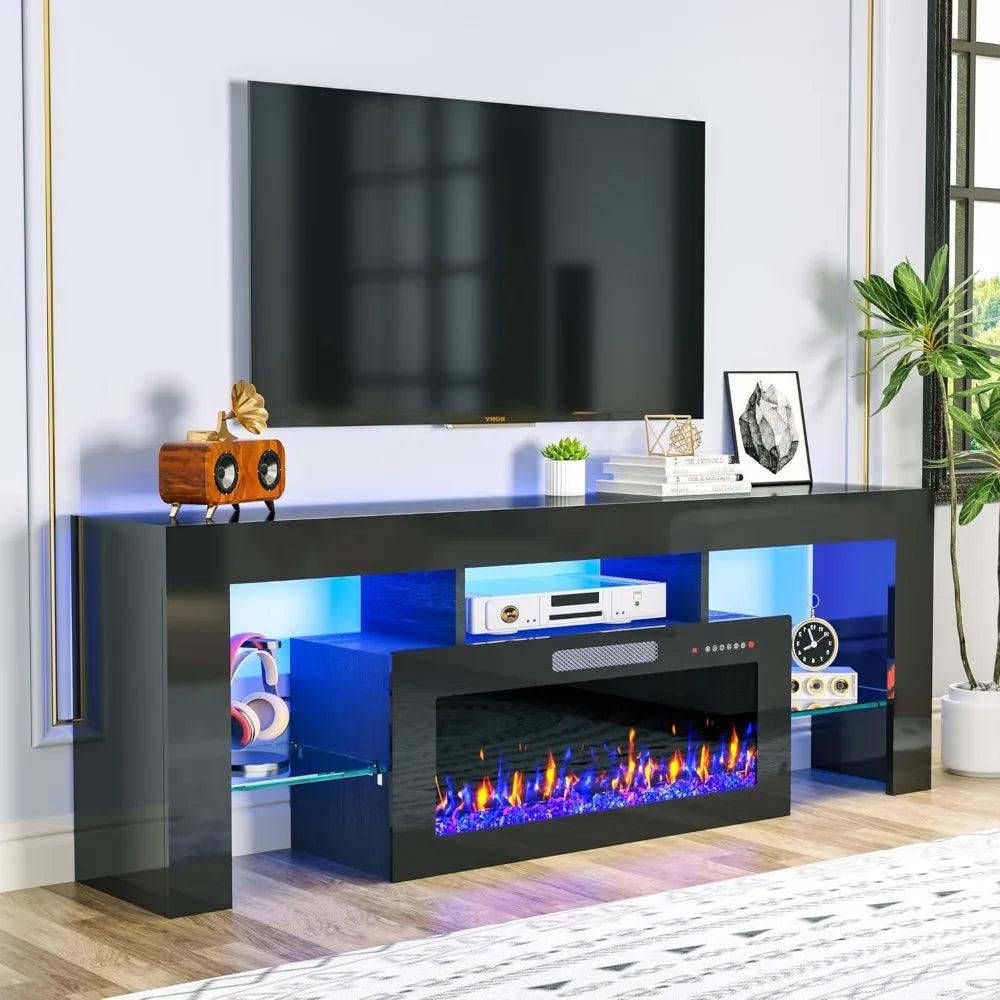 70" Fireplace TV Stand for TVs Up to 75", High Gloss Entertainment Center with 36" Electric Fireplace Heater, 7 Color LED Strip