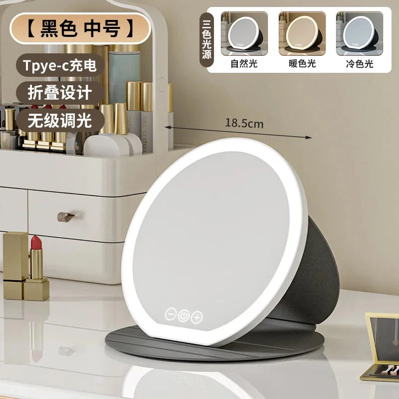 3 Colors Dimmable LED Makeup Mirror With Touch Screen Fold Cosmetic Makeup Mirror Rechargeable Tabletop For Travel & Home Use