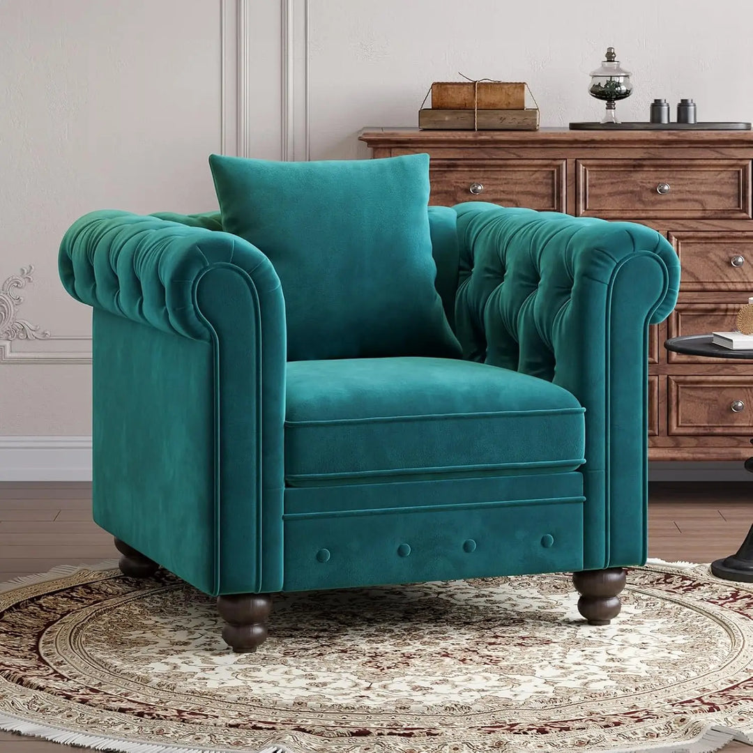 Vintage-Style Comfortable Button-Tufted Chesterfield Club Chair with Rolled Arms and Pillow for Living Room