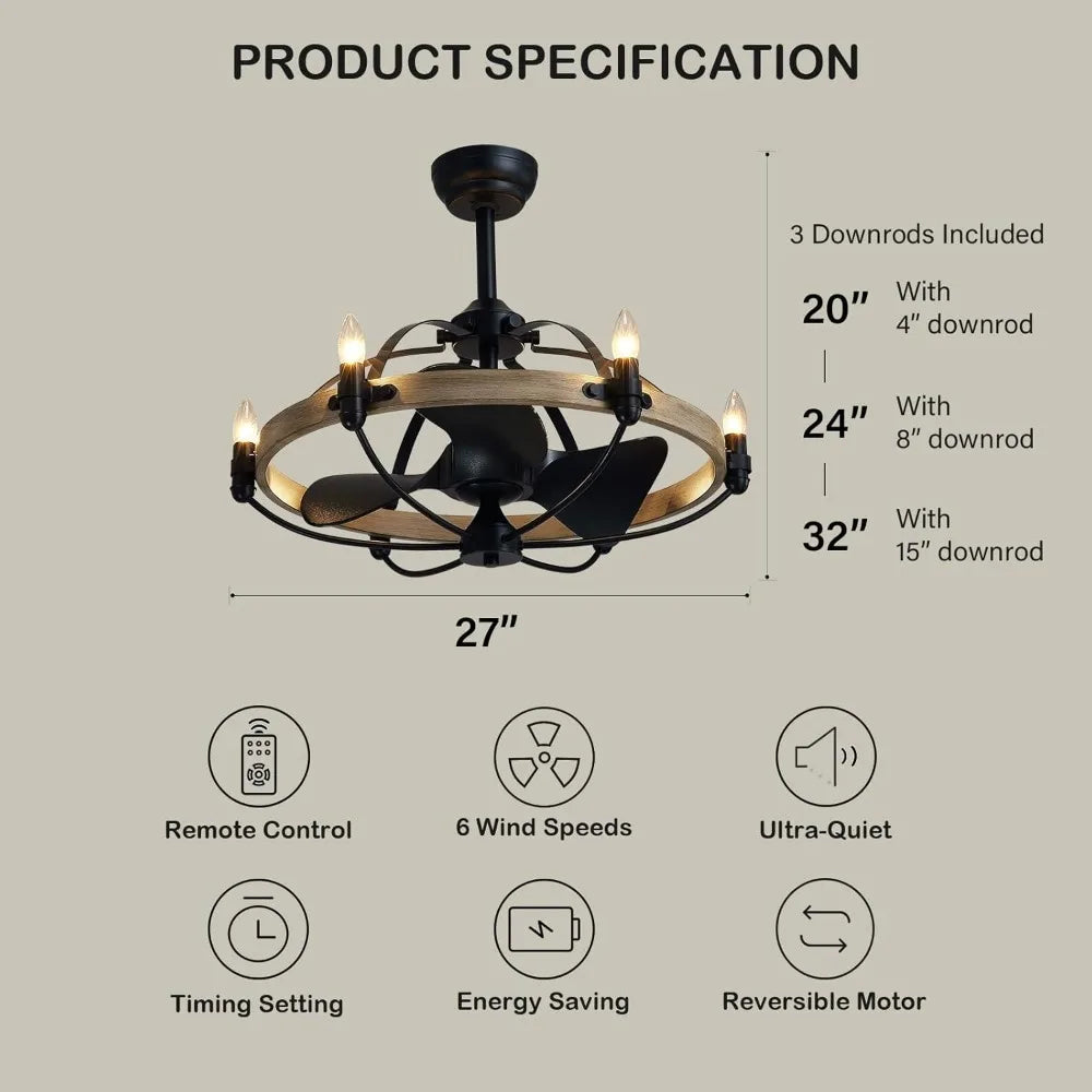 Hot Sale - 27'' Farmhouse Ceiling Fan with Light Remote Control, Vintage Cage Ceiling Fan with Lights, Rustic Chandelier