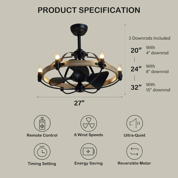 Hot Sale - 27'' Farmhouse Ceiling Fan with Light Remote Control, Vintage Cage Ceiling Fan with Lights, Rustic Chandelier