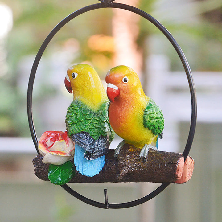 Hanging Double Parrot Statue On Iron Ring Resin Animal Sculpture Birds Garden Art Tree DIY Decor Outdoor Patio Yard Lawn Animal