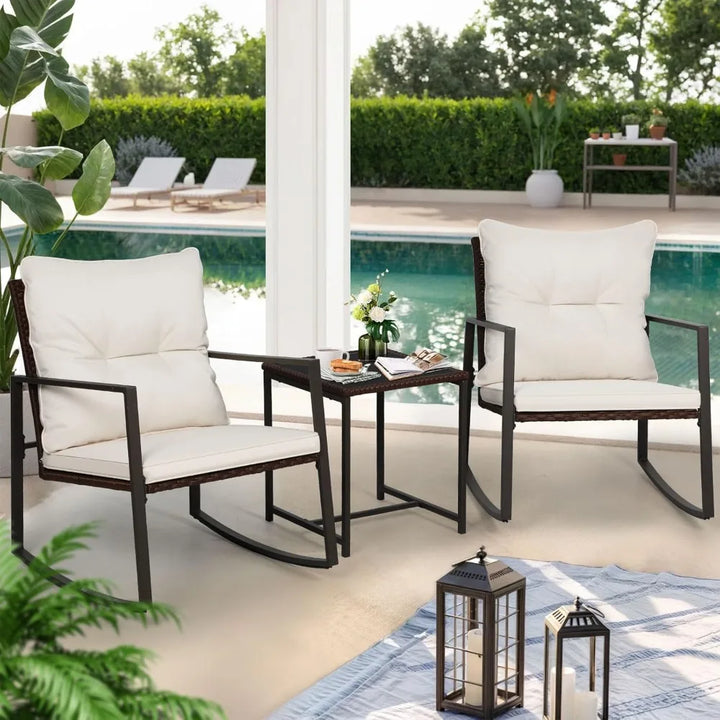 SUNCROWN 3-Piece Patio Bistro Set Outdoor Rocking Chairs Set Brown Wicker Porch Chairs with Glass Coffee Table, Beige Cushion