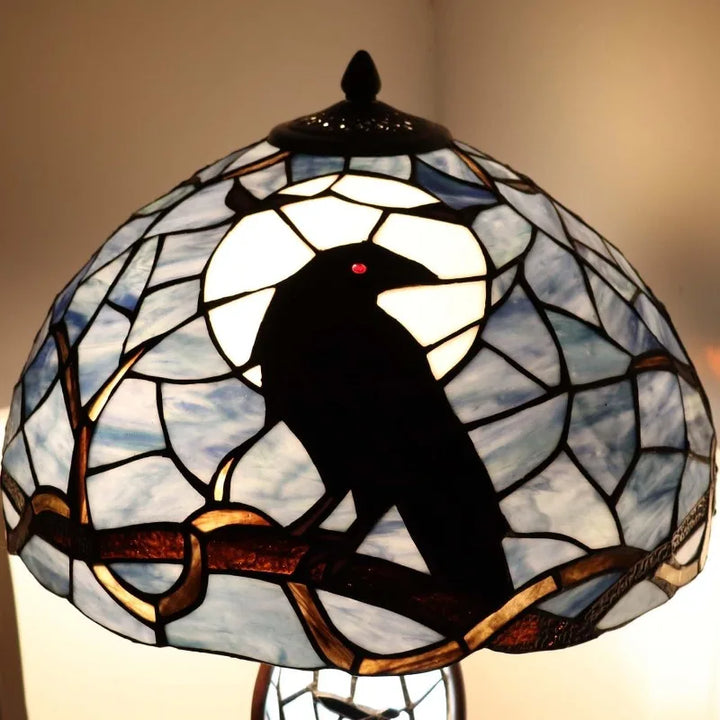 L10954 Raven Sitting on Bare Tree Branch in Full Moon Night Tiffany Style Stained Glass Table Lamp for Home Decor (Dark Bl