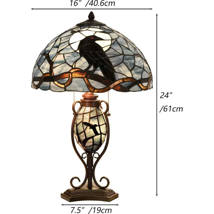 L10954 Raven Sitting on Bare Tree Branch in Full Moon Night Tiffany Style Stained Glass Table Lamp for Home Decor (Dark Bl