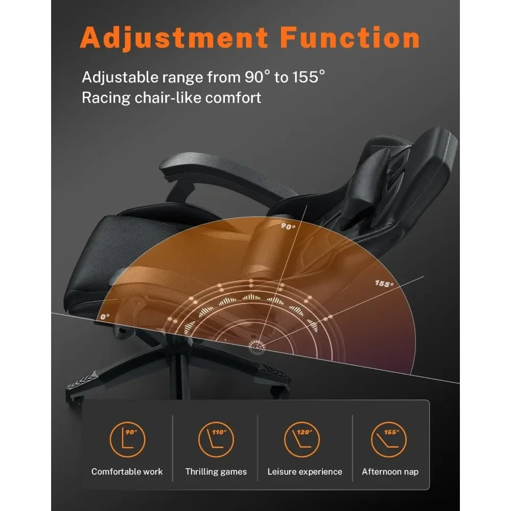 Gaming Chair with Footrest, Ergonomic Computer Game Chairs, Headrest and Lumbar Support, Adjustable Height, Reclining
