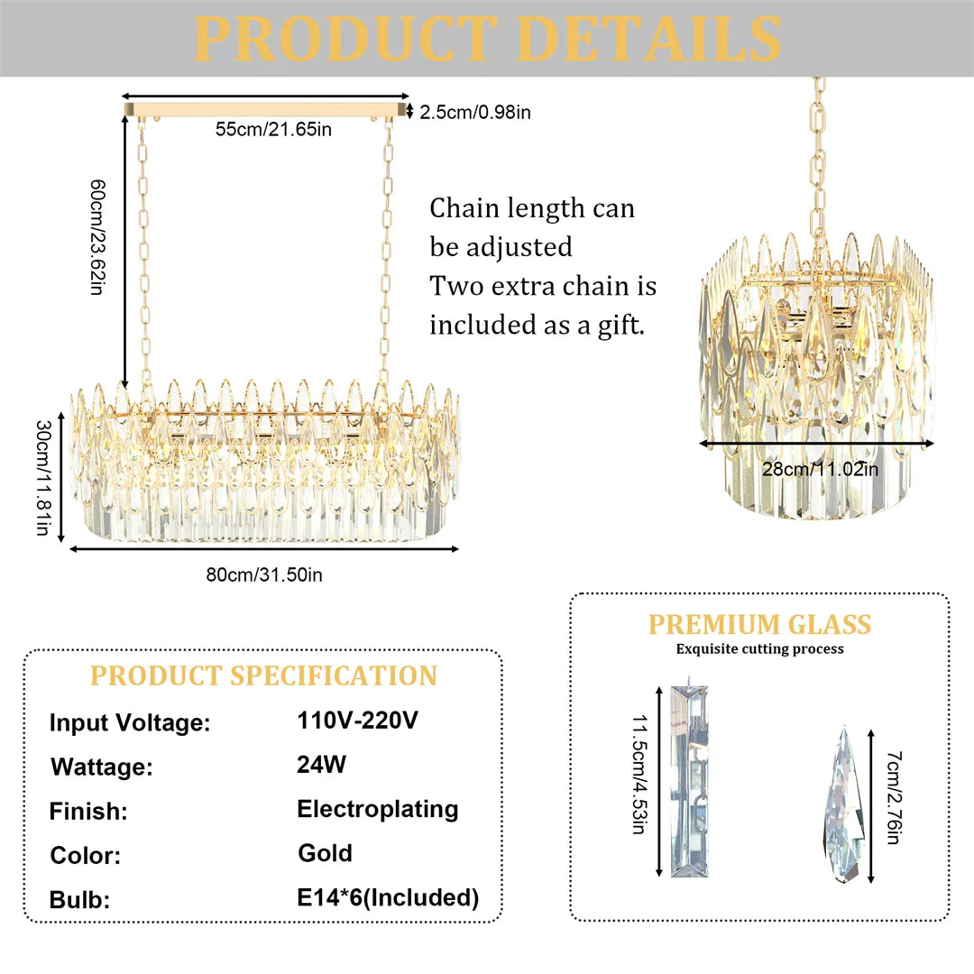 LUVODI Luxury Rectangle Crystal Chandelier Lamp Raindrop Design Pendant Ceiling Light Fixtures for Homes Hotel