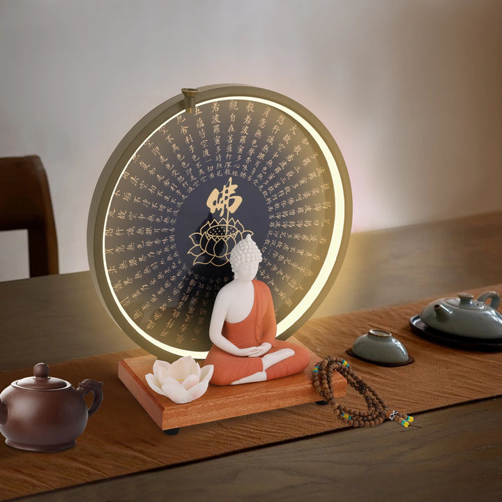 Ceramic Meditating Figurine with Circle LED Lamp – Decorative Sculpture for Home or Office, White/Red/Yellow/Blue, 11.8 x 4.7 x 13 in