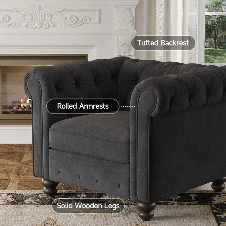 Vintage-Style Comfortable Button-Tufted Chesterfield Club Chair with Rolled Arms and Pillow for Living Room