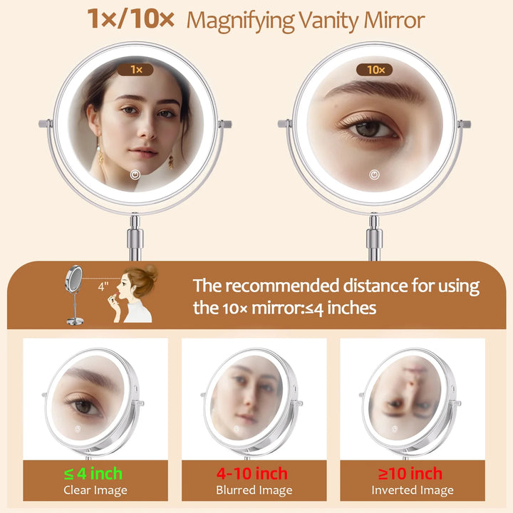 8 Inch Makeup Mirror With Light Lamp 10X Magnification 3 Color Lights,Adjustable Brightness Height Standing Cosmetic Mirror