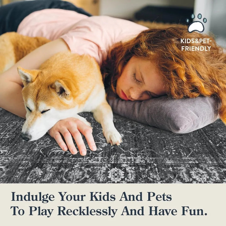 Area Rugs 9x12 Living Room Soft Large Rugs for Bedroom, Boho Black Dining Room Rug, Distressed Non Slip Low Pile Carpet for Ind