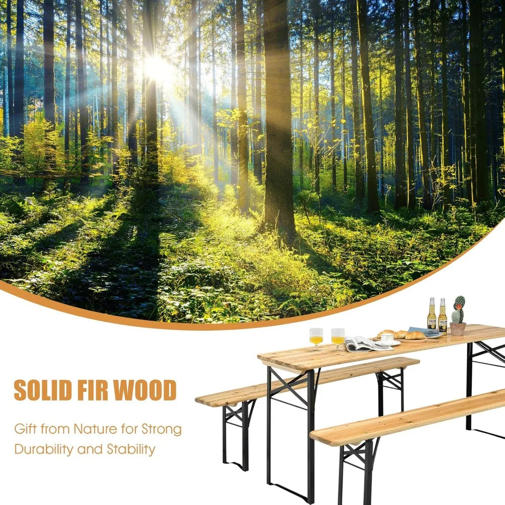 70” 3-Piece Portable Folding Picnic Table Bench Set, Portable Picnic Beer Table w/Wooden Tabletop, Outdoor Foldable