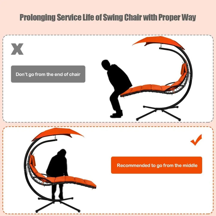 Hanging Chaise Lounger Chair, Arc Stand Porch Swing Chair W/Canopy, Cushion Built-in Pillow, Freestanding Swing Hammock Chair
