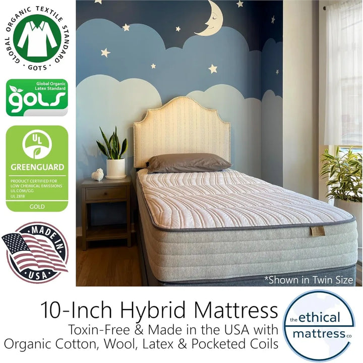10" Toxin-Free Hybrid Mattress, Made in The USA with Organic Cotton, Wool, Latex & Pocketed Coils (No Fiberglass or Polyfoams)