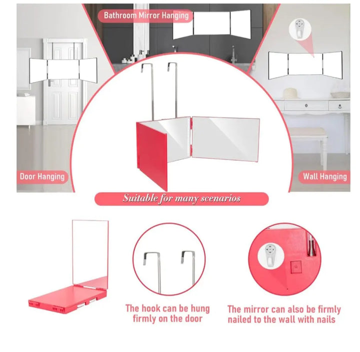 Rectangle trifold vanity mirror led lighted adjustable hair cutting  3 way salon hairstyling mirror for self hair cutting 360