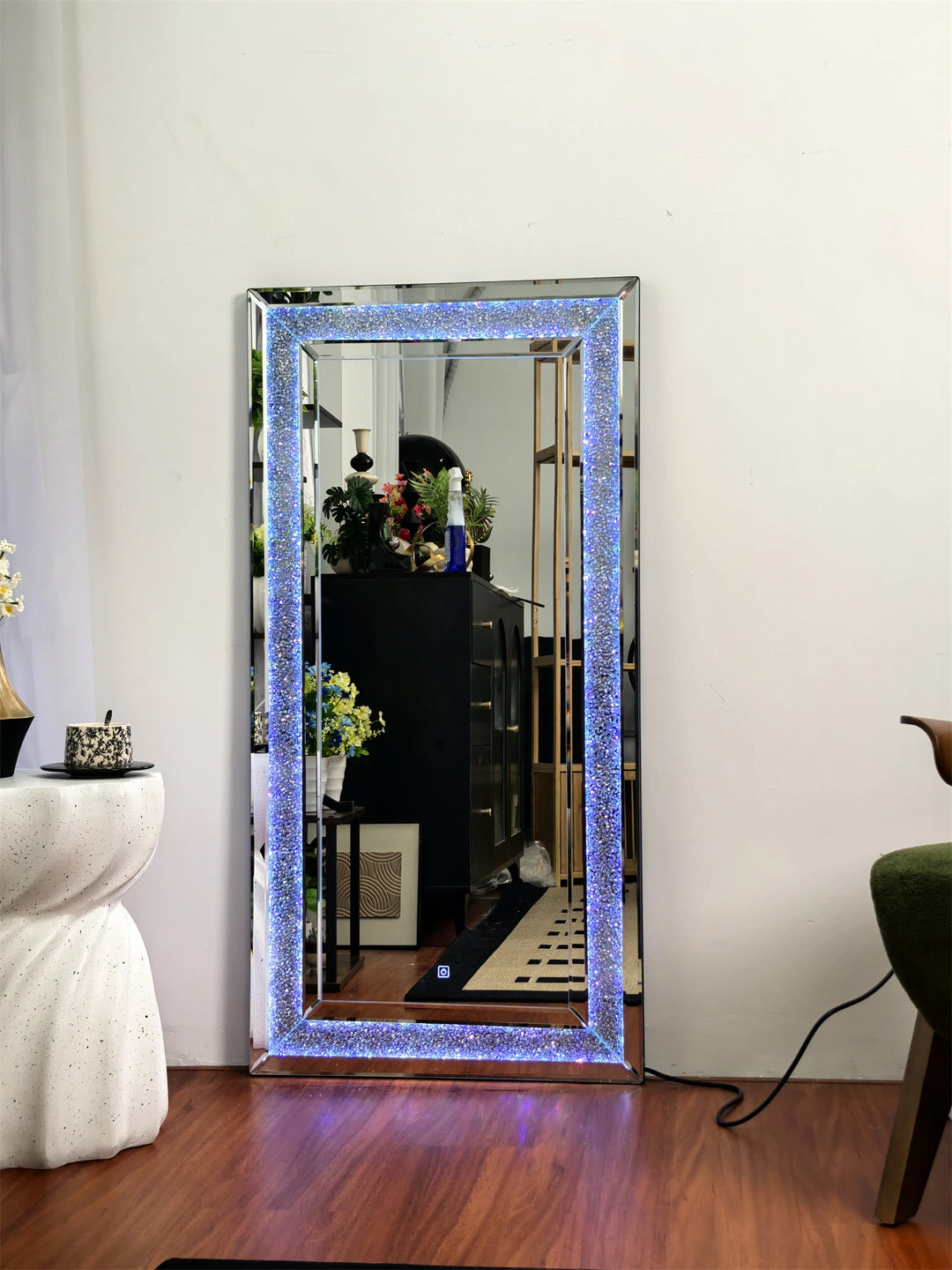 120x60cm LED Full Length Mirror with 7 Colors RGB Lights and Crushed Diamond Full Body Wall Mirror for Living Room, Bedroom