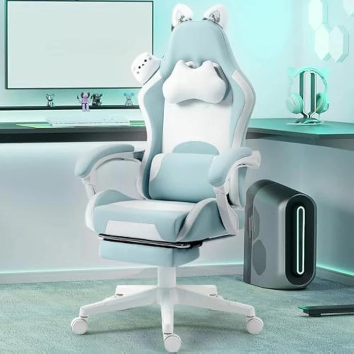 Gaming Chair Cute with Cat Ears and Massage Lumbar Support, Ergonomic Computer Chairs with Footrest and Headrest, Gaming Chair