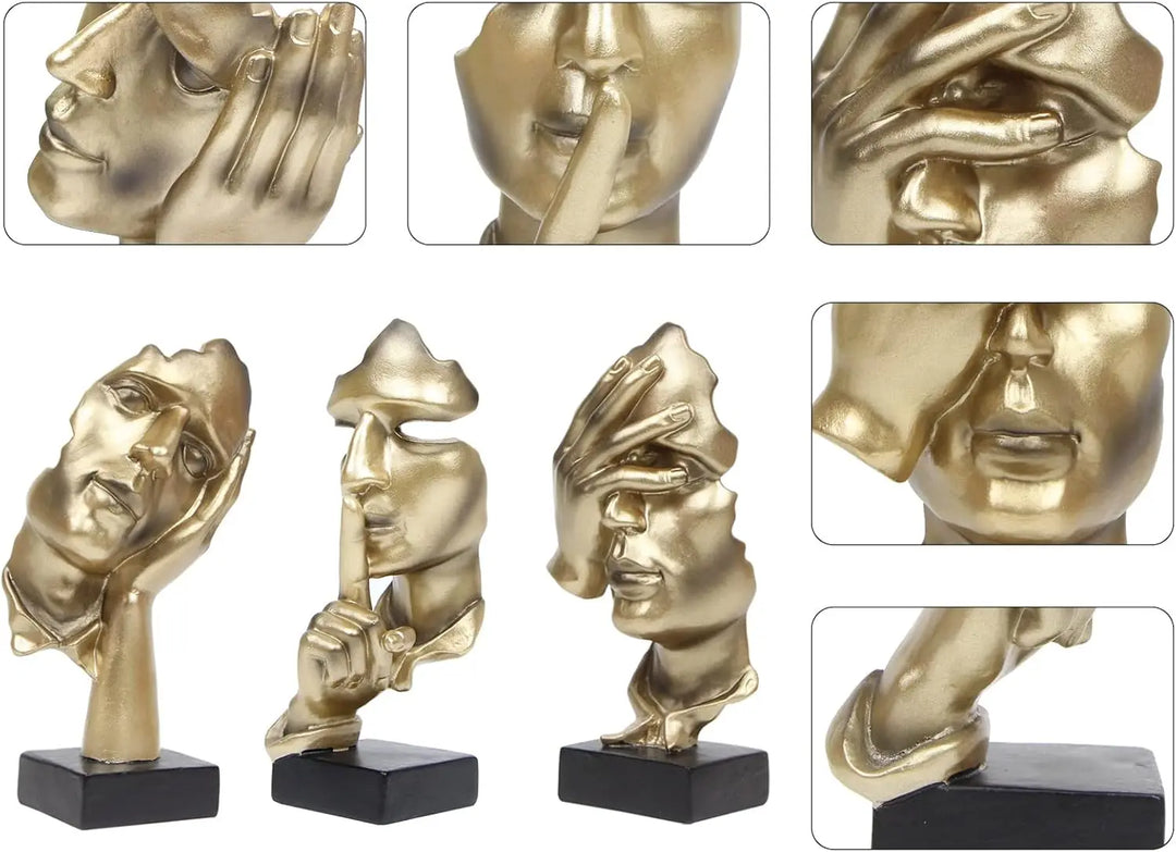 3 Pcs Thinker Statue, Silence is Abstract Art Figurine,  Modern Home Resin Sculptures Decorative Bookshelf Desktop(Gold), A-41