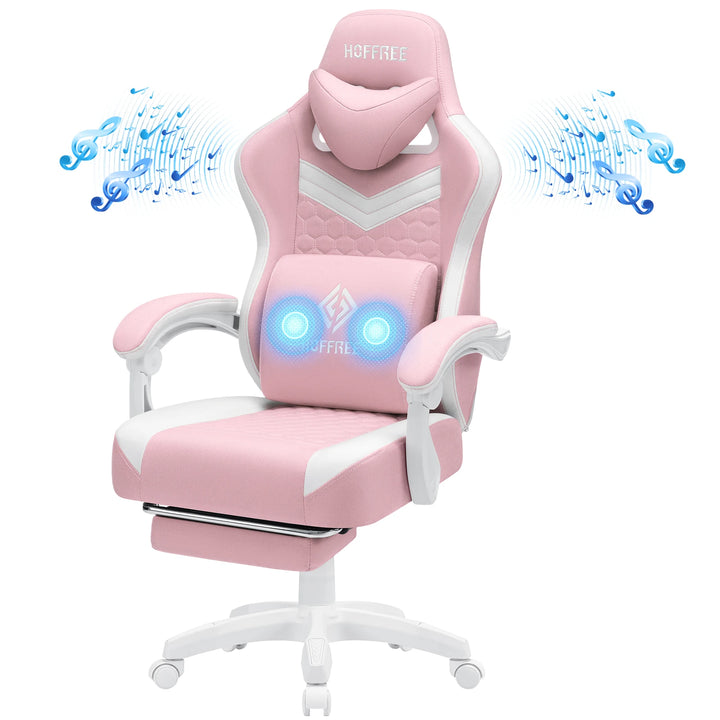 Breathable Gaming Chair With Lumbar Cushion Bluetooth Speaker Dual Function Point Massage Height Adjustable Office Computer Chai