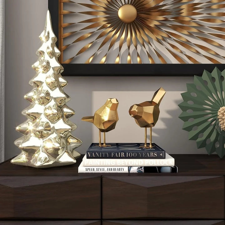 Glamorous Polystone Bird Decorative Sculpture Set of 2 Accent Figurines Modern Home Decor Gold Metallic Finish