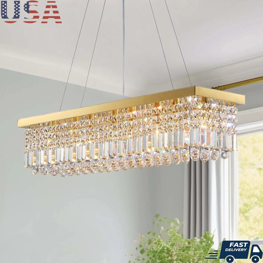 Modern Rectangular Crystal Chandelier Gold Pendant Light Fixture Dining Kitchen Island E12 Bulb 8-Light Adjustable Chain