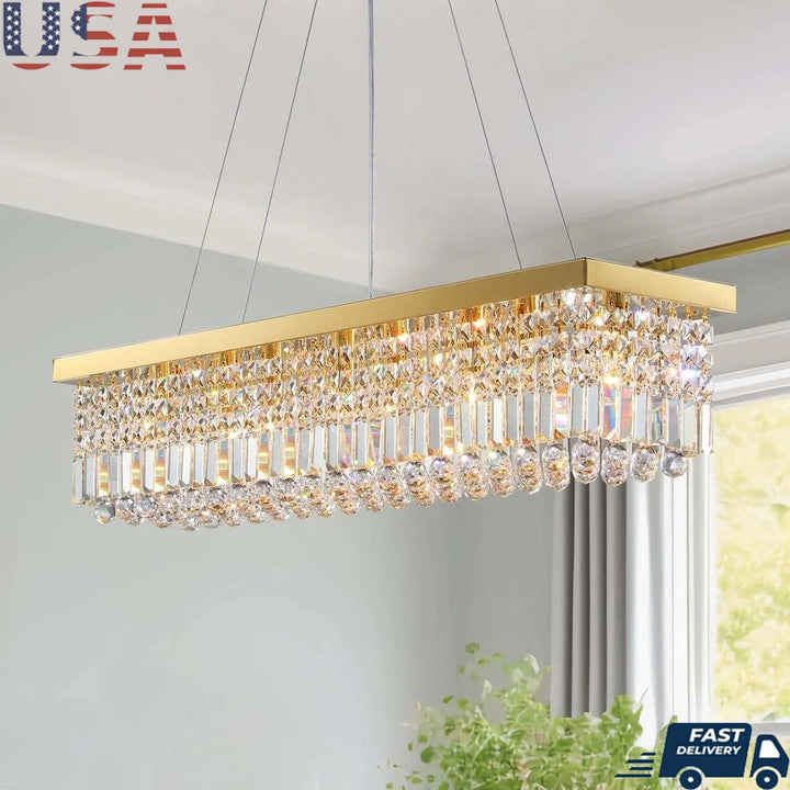 Modern Rectangular Crystal Chandelier Gold Pendant Light Fixture Dining Kitchen Island E12 Bulb 8-Light Adjustable Chain