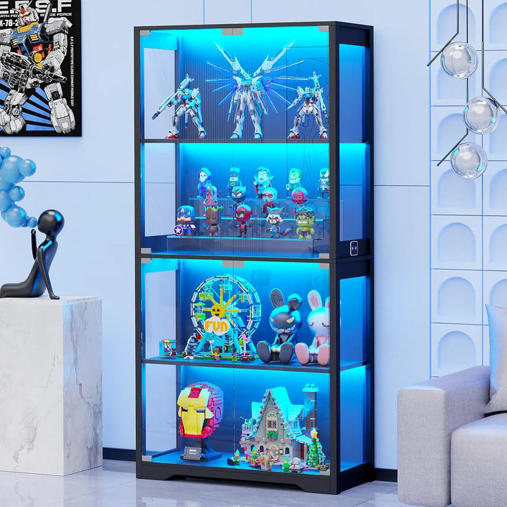 Display Cabinet with Glass Doors, 4-Tier Curio Cabinet with 3 Color Lights for Collectibles, Glass Display Case with Human