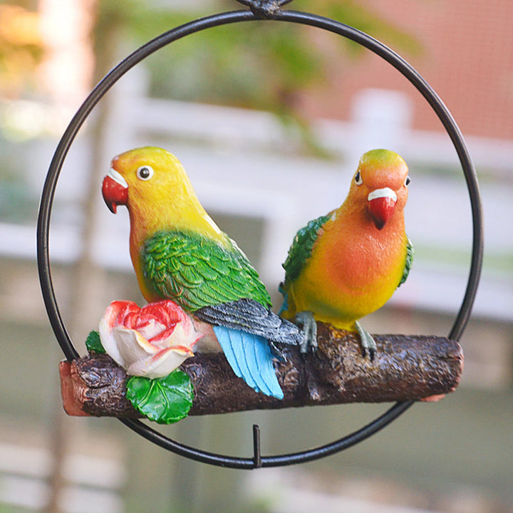 Hanging Double Parrot Statue On Iron Ring Resin Animal Sculpture Birds Garden Art Tree DIY Decor Outdoor Patio Yard Lawn Animal