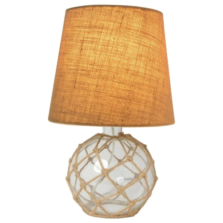 Buoy Rope Nautical Mesh Coastal Ocean Glass Table Lamp, woven from natural rope with a burlap shade