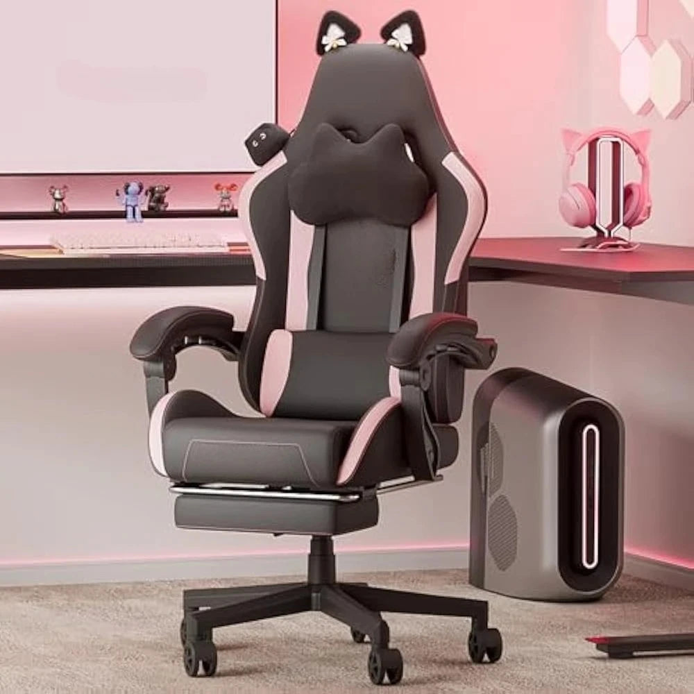 Gaming Chair Cute with Cat Ears and Massage Lumbar Support, Ergonomic Computer Chairs with Footrest and Headrest, Gaming Chair