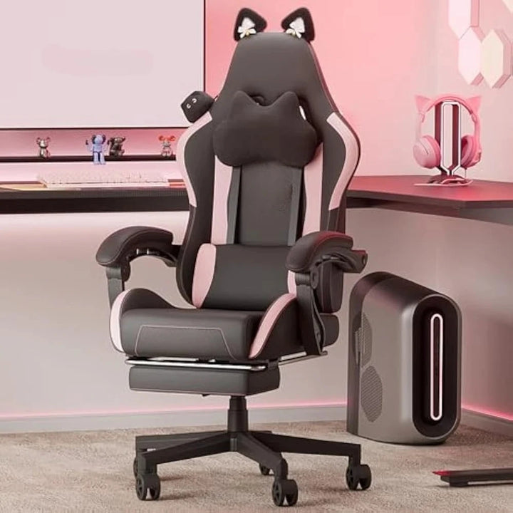 Gaming Chair Cute with Cat Ears and Massage Lumbar Support, Ergonomic Computer Chairs with Footrest and Headrest, Gaming Chair