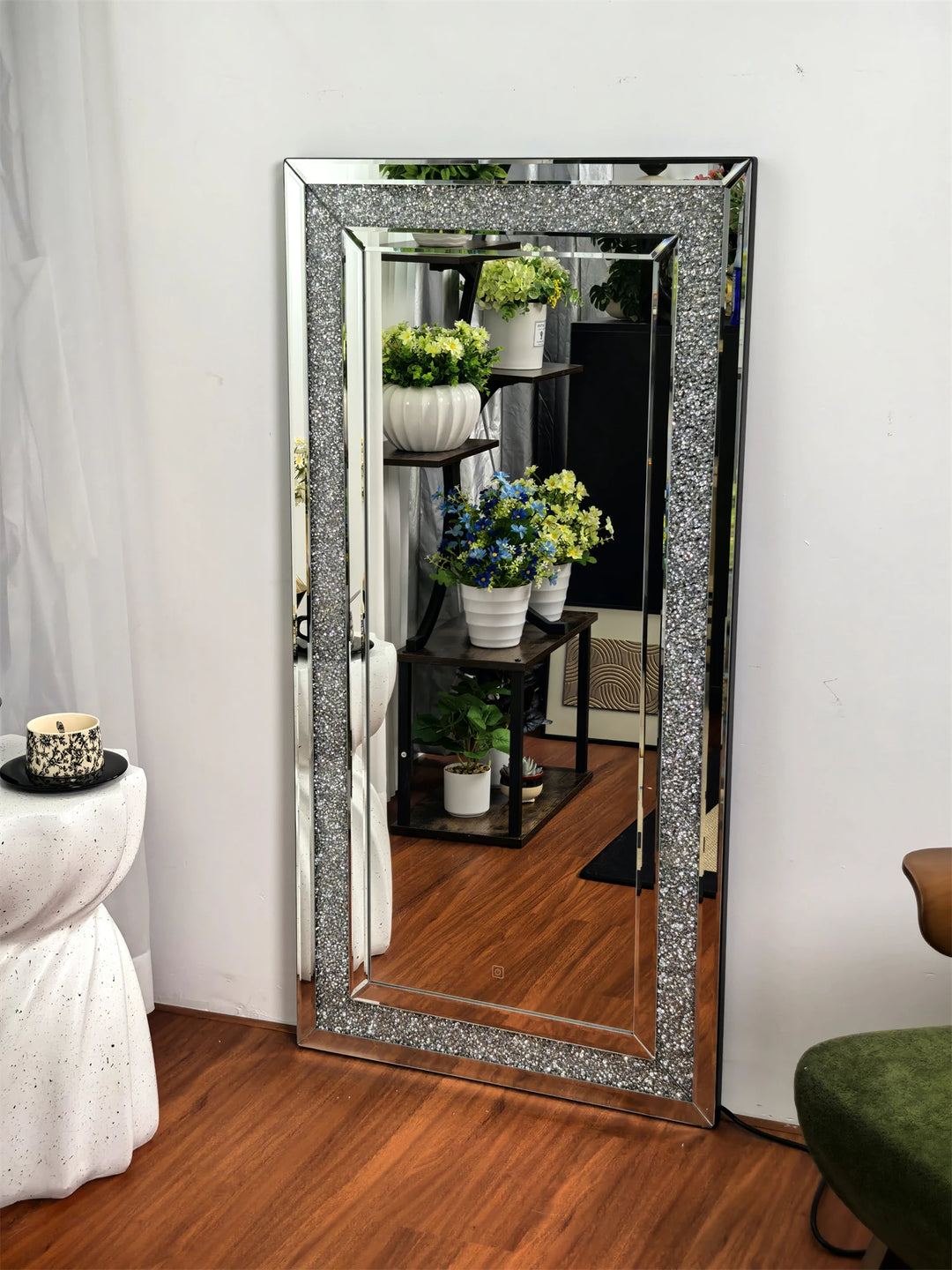 120x60cm LED Full Length Mirror with 7 Colors RGB Lights and Crushed Diamond Full Body Wall Mirror for Living Room, Bedroom
