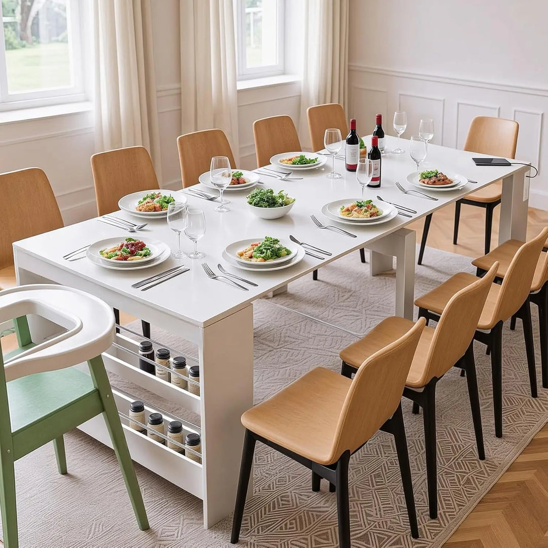 expandable dining table seats 2-12, space-saving design with storage for gatherings and events