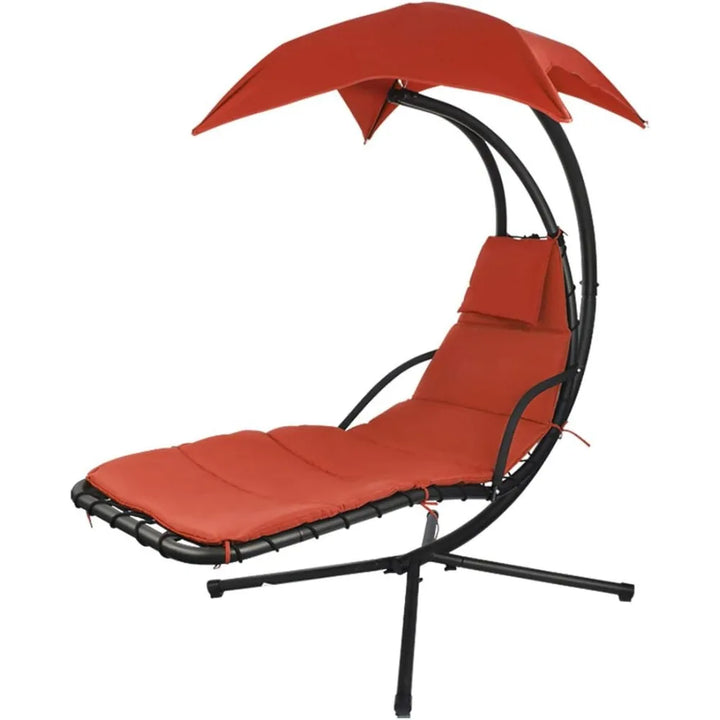 Patio Hanging Chaise Outdoor Lounger Padded Cushion Swing Hammock Chair w/Sun Shade Canopy Umbrella Stand [Orange]