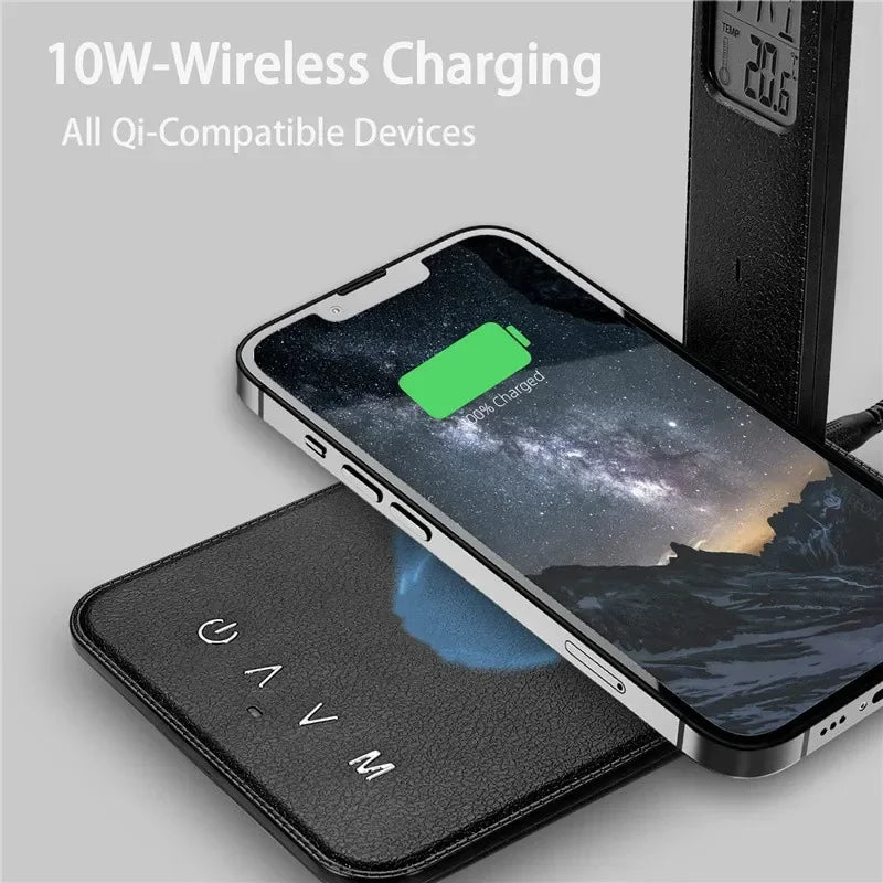 Wireless Charger Pad USB Fast Charging Station LED Desk Lamp Temperature Alarm Clock Eye Protect Study Business Light Table Lamp