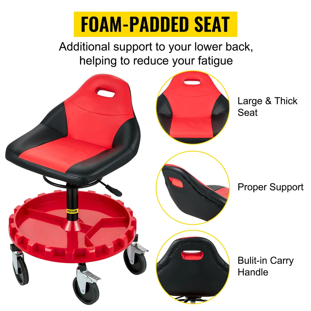 Rolling Garage Stool 300LBS Capacity 21"-26" Adjustable Height Range Mechanic Seat with Swivel Casters and Tool Tray