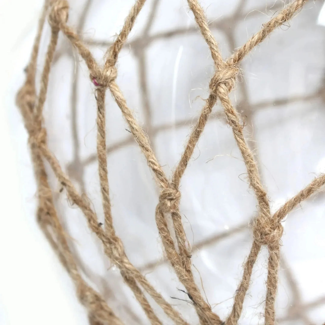 Buoy Rope Nautical Mesh Coastal Ocean Glass Table Lamp, woven from natural rope with a burlap shade