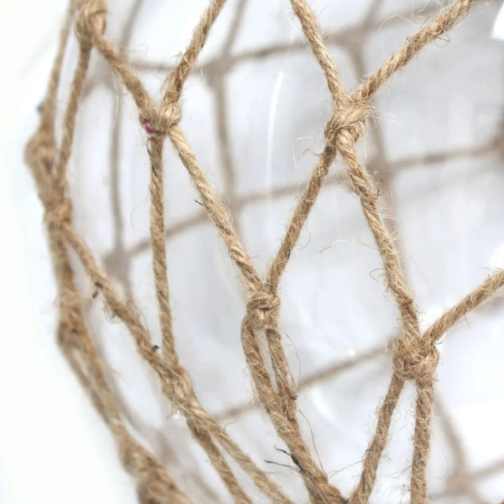 Buoy Rope Nautical Mesh Coastal Ocean Glass Table Lamp, woven from natural rope with a burlap shade