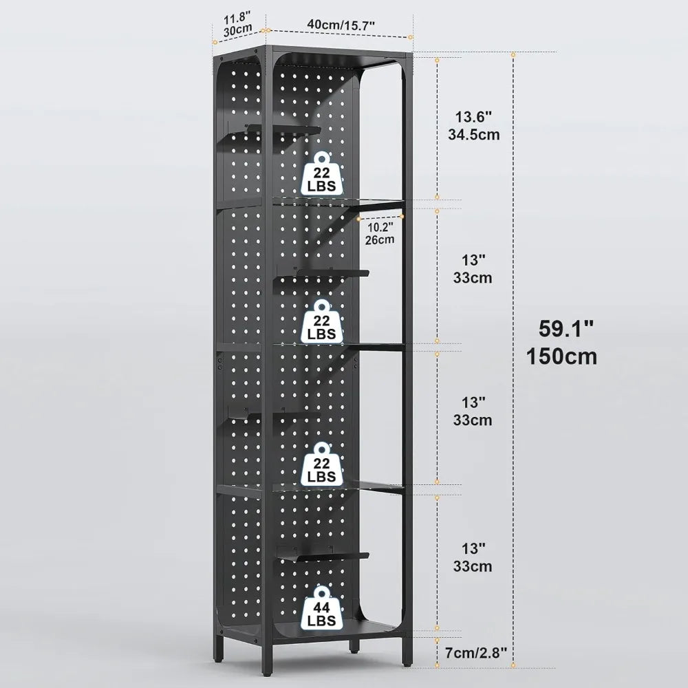 Glass Display Shelf for Collectibles, LED Black Curio Cabinet, Lighted Tall Narrow Pegboard Steel Frame for Gaming Room, Floor L