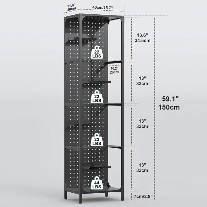 Glass Display Shelf for Collectibles, LED Black Curio Cabinet, Lighted Tall Narrow Pegboard Steel Frame for Gaming Room, Floor L