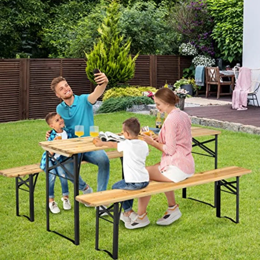 Foldable Picnic Table with Benches 3Piece 70 Portable Beer Garden Table with Sturdy Steel Frame Folding Wooden Picnic Tables f