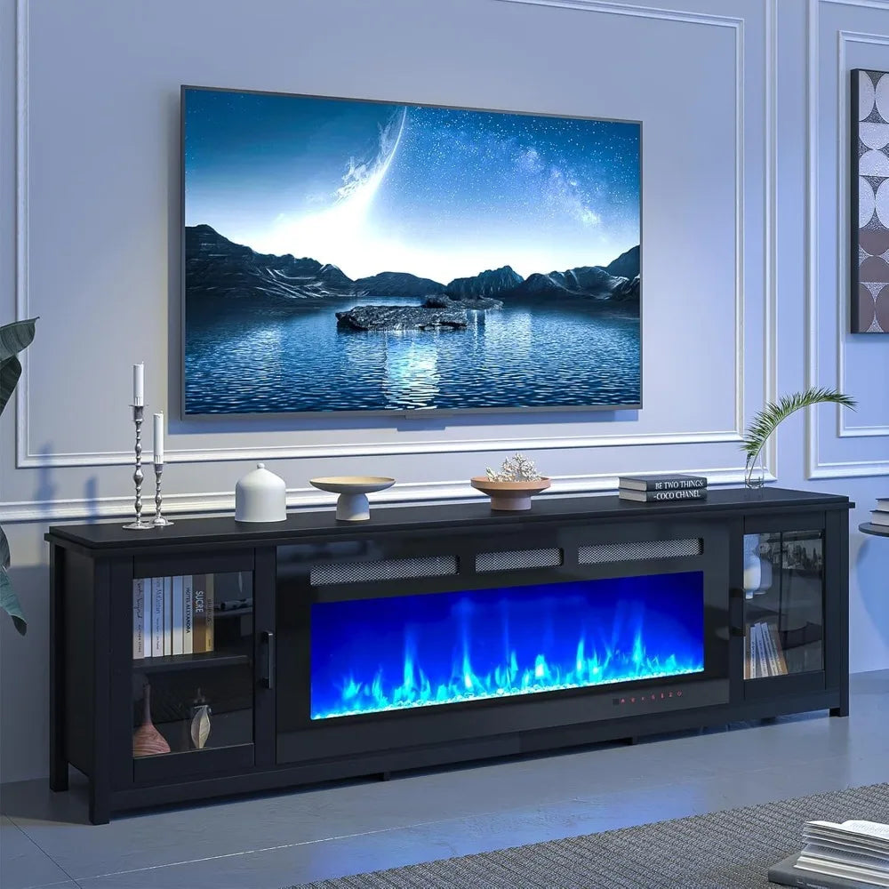 80" Fireplace TV Stand, 50 Inch Electric Fireplace & Modern Entertainment Center, TV Console with Adjustable Shelf & Glass Door
